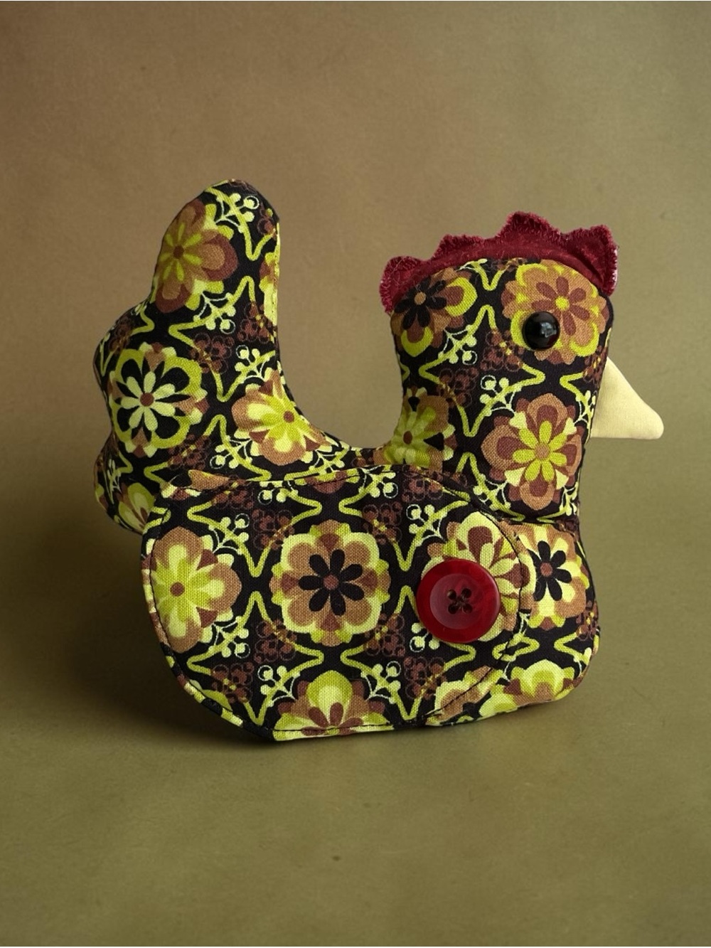 Floral Fabric Chicken Accent Pillow in Yellow & Brown